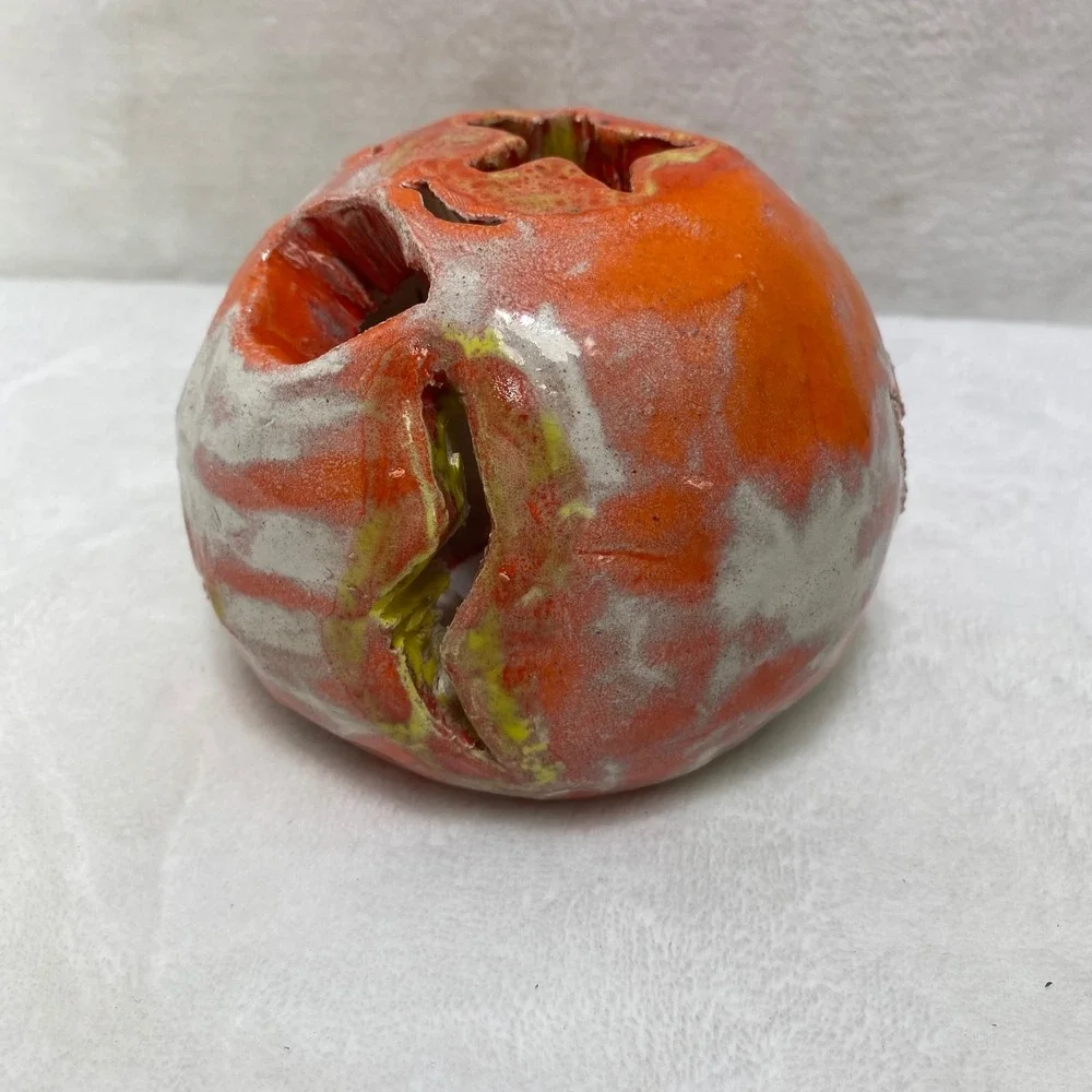 Handmade‎ Ceramic Ugly Face Jack-O-Lantern  Candle Holder Orange Glazed Folk Art